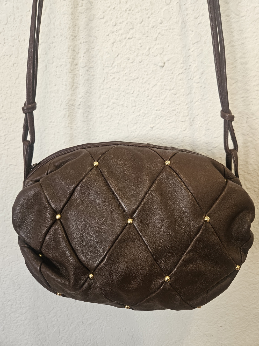 Vintage GANSON Dark Chocolate Brown Quilted Studded Leather Crossbody Bag